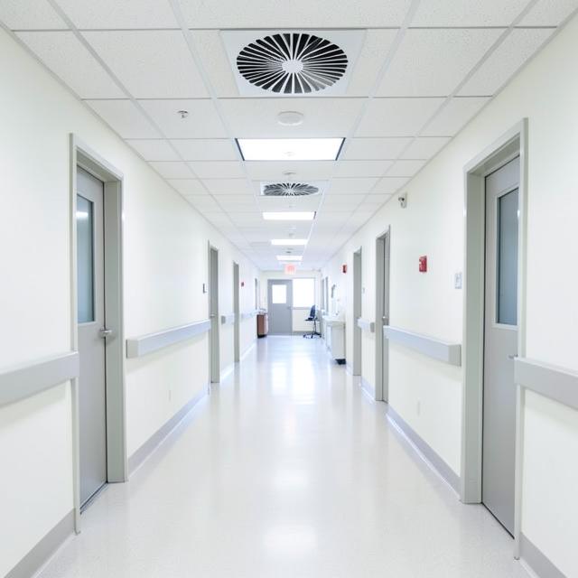 Corredor hospitalar com difusores de ar no forro